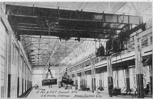 Fig. 117. Five Ton Electric Traveling Cranes Installed at TJ. S. Naval Station, Mare Island, California, Courtesy of Cleveland Crane & Car Company, Cleveland, Ohio.