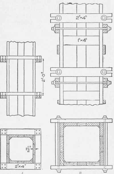 Fig. 154. Forms for Columns. .4   Common method of construction; B   Method used in constructing Harvard Stadium.