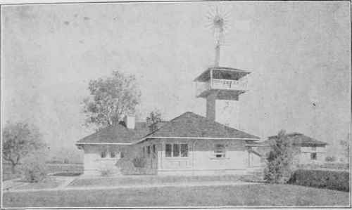 PRAIRIE FARM BUNGALOW IN A WESTERN STATE R. C. Spencer, Jr., Architect, Chicago, 111. The Windmill Tower Contains the Staircase Leading to Attic and Cellar.