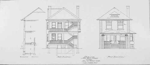 SECTION, AND REAR AND FRONT ELEVATIONS, OF TWO STORY FLAT BUILDING FOR MR. J. WM. THORSON, CHICAGO, ILL.