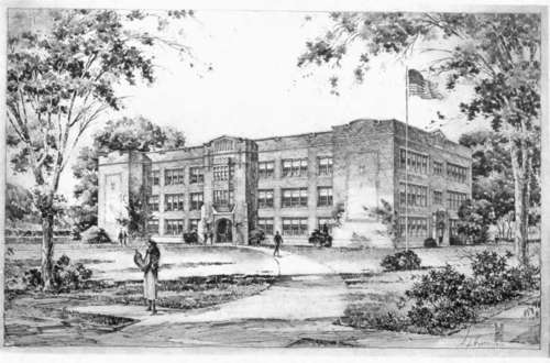 Pencil Rendering of Proposed Building for Harper College, Wichita, Kansas.