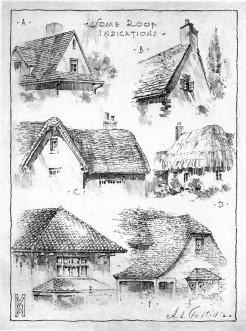 Some Roof Treatments, Suggesting Shingles, Slate, Thatch and Tile.