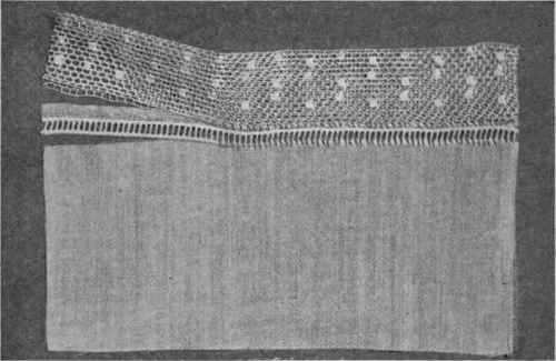 Fig. 158. Cord edge of entre deux overhanded to raw edge of material; footing to raw edge of entre deux.