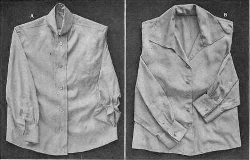 Fig. 178. Silk shirts; A, mannish type, with high neck closing and high collar; B, same with open neck and collar.