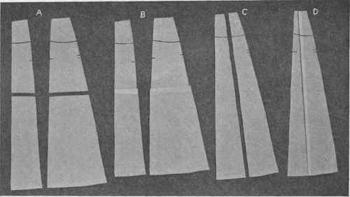 Fig. 91. Alteration of skirt patterns; A, increasing length of skirt; B, decreasing length of skirt; C, increasing waist and hip measure, also width at bottom; D, decreasing waist and hip measure, also width at bottom.