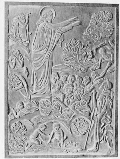 The Sermon on the Mount • Carved Panel for the Front of a Pulpit in Oak • by George Jack