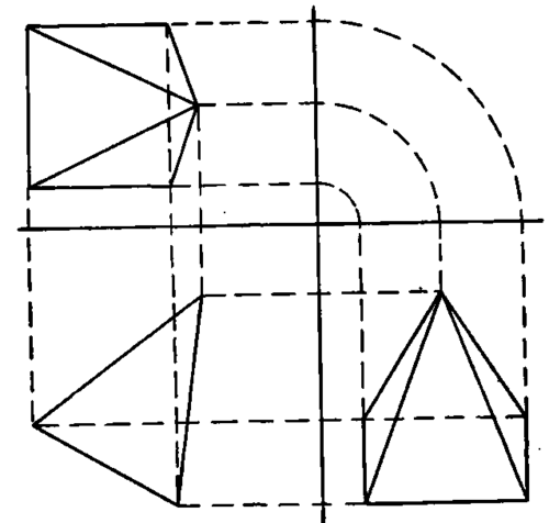 Plan, Front, and Side Views after Revolving Pyramid in Fig. 125 through 30 Degrees with Horizontal Plane.