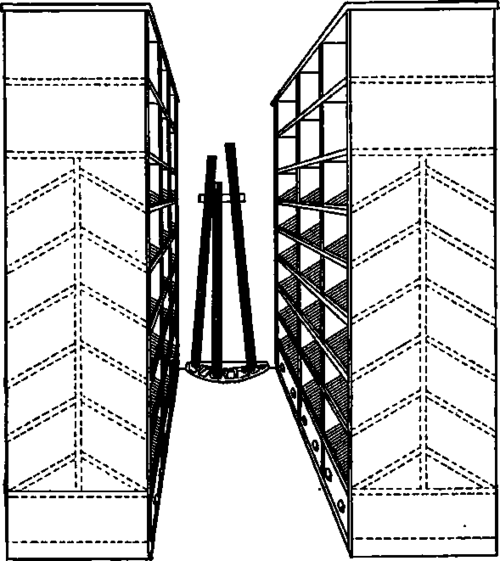 Cases with Inclined Shelves, on each side of Alcove.