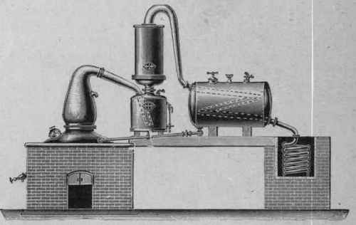 Fig. 44.   pot.still for direct firing. With retort, rectifier, wash heater and condenser (Blair, Campbell & McLean, Glasgow).