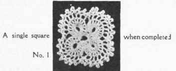 1st row.   Commence with 10 chain, join. Into ring work 5 double crochet 10 chain, join into a ring, * work 15 double crochet into the 10 chain, then 5 double crochet into centre ring, 10 chain, and repeat from * three times. Work 1 double crochet into 3rd double crochet of centre ring.