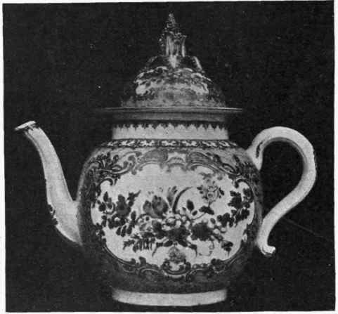 A beautiful. Bristol teapot, blue marbled ground, richly gilt, enamelled with flowers. From the Schreiber collection. This piece originally belonged to the Cookworthy family and is marked with the Plymouth sign for tin in gold, but was no doubt made at Bristol.