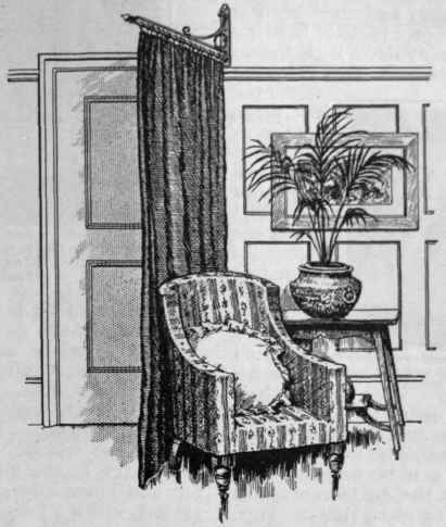 A curtain bracket to be used where a chair needs sheltering but there is no room for a screen. A curtain can also be fixed on to the door in such a way that its opening is not impeded. Such drapery is valuable also for its decorative effect