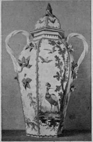 A magnificent Bristol vase painted alternately with landscapes in blue and carmine, and with birds, insects, and foliage in colours. Bought at the Bristol factory by the late Mr. Joseph Fry. From the Fry collection.