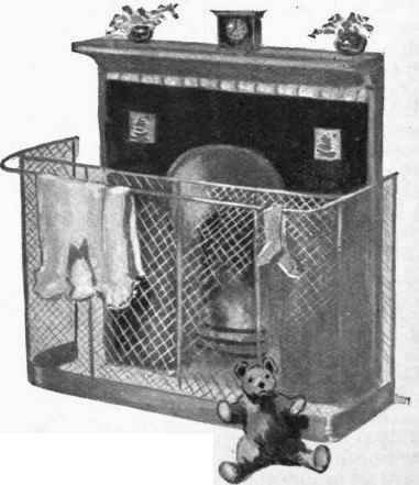 A nursery fireplace with guard and rail upon which small garments may be warmed