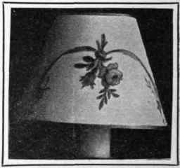 Candle shades may be decorated with designs taken from chintz, cretonne, wall paper or china