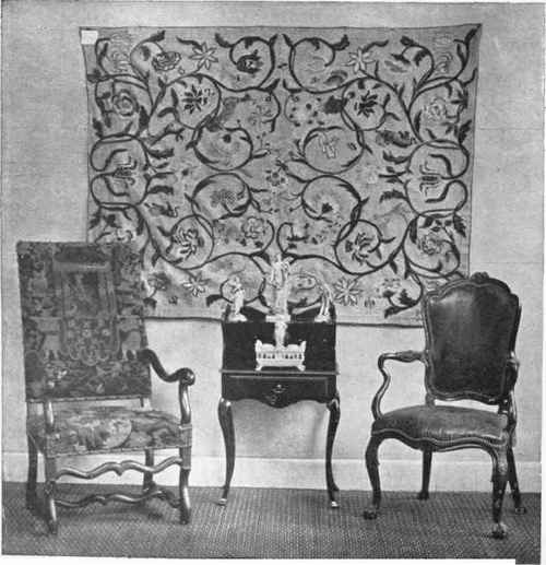 Chair cover worked in coloured crewel wools, and bedspread (Royal School of Art Needlework)