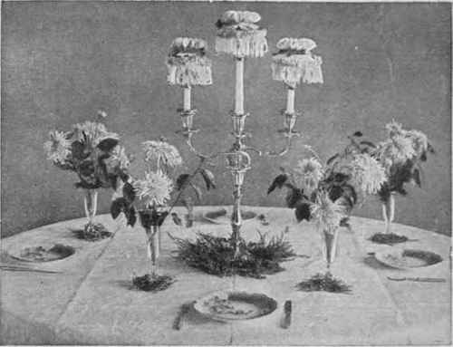 Chrysanthemums in dainty vases and a liberal supply of foliage, with white heather beneath the stands, combine for a beautiful effect
