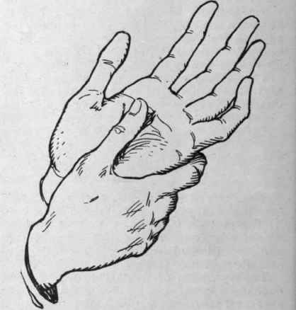 Fig, 3. To massage the palm the thumb is used, and the stroke should be towards the wrists