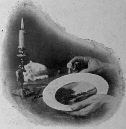 Fig. 4. In fixing the design, let the varnish run from the lip of the bottle on to the rim of the plate, not directly upon the smoked surface.