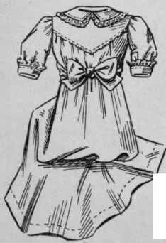Fig. No. 11. A nightgown, with behind, and tied in front usually of fine cream or white cashmere, either with soft frills or trimmed with silk lace. They may also be very handsomely appliqued in silk. (See illustration No. 13.)