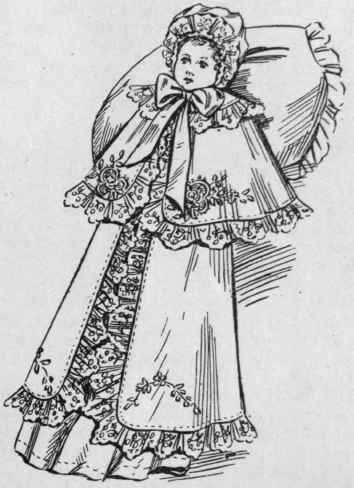 Fig. No. 13. Carrying cloak of cashmere or silk trimmed with embroidery. Hood to match