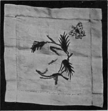 Finely executed hem stitching always makes a satisfactory edging for d'oyleys of muslin or nainsook. Pale gold wheat ears and insects in natural colouring complete the design