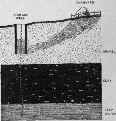 How surface wells are polluted. If a tube well, shown by dotted lines, is driven down below the clay, the water is safe from contamination