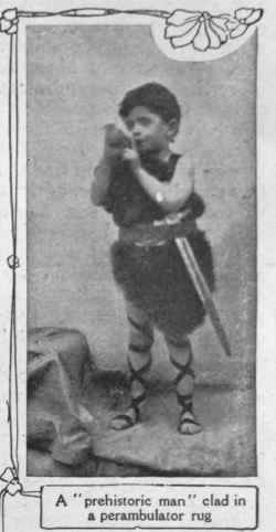 Nell Gwynne can easily be attired. She can wear a tabbed bodice hastily cut out of a bit of art serge from the piece box. A small tablecloth or curtain to match can be converted into a skirt with the help of a box of safety pins. A sash round her waist, into which a big posy is tucked.