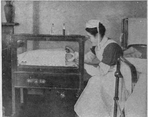 The top of the incubator lifts up, and the side and ends also open, thus rendering attention to the baby a very easy matter 