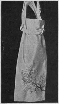 Theatre Bag. The advantage of its long shape is that it holds a fan, besides handkerchief and purse. Three quarters of a yard of four inch wide ribbon is sufficient. Embroider the spray of almond blossom in brown silk, with pink sequins for the buds. Sew on tiny bone rings, and draw up with ribbon.