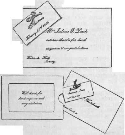 Three different cards used for announcing a birth, A tiny card with the baby's Christian name is attached to the top left hand corner