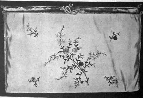 Veil sachet embroidered in ribbon work, flowers in natural coloured shaded ribbons