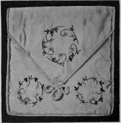 Violets in ribbon embroidery on pale green satin sachet