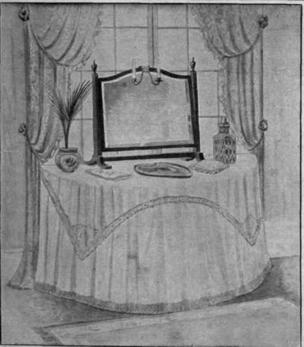 A circular fronted draped dressing table is very effective in a room with a large window.