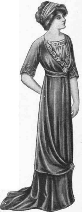 A velvet rest gown, with soft front of crepe de chine and embroidery