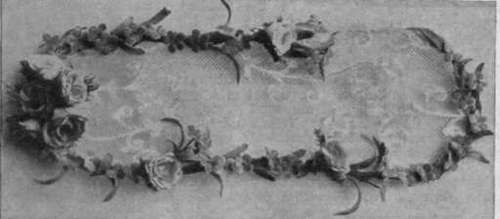 Flowers used as a frame for a piece of tambour lace stretched on wire is an ornament which will give a note of distinction to a good tagel straw hat the paler ones put at the top