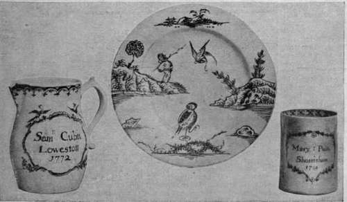 Jug, plate, and mug of Lowestoft porcelain in blus underglaze. From the collection of Messrs. A. B. Daniell 6 Sons. The earliest porcelain made at Lowestoft appears to have been tea ware, decorated in Chinese style, in blue underglaze