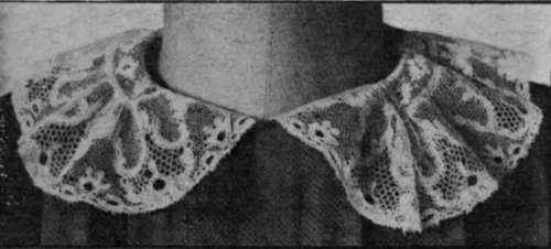 A Peter Pan collar, made of Buckinghamshire lace insertion and edging. The lace should be arranged to show the design to the best advantage