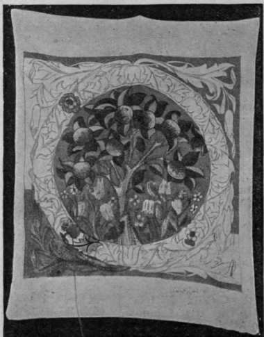 A choice Morris design in darned work. The apples in shades of red with leaves of bronze and pale green, with the rich brown shadings of the stems and touches of orange form a colour scheme of much beauty and charm