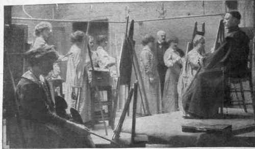 A class of girl students of the Upper School working from the costume model