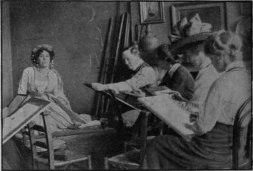 A class of students at the Press Studio drawing from the costume model