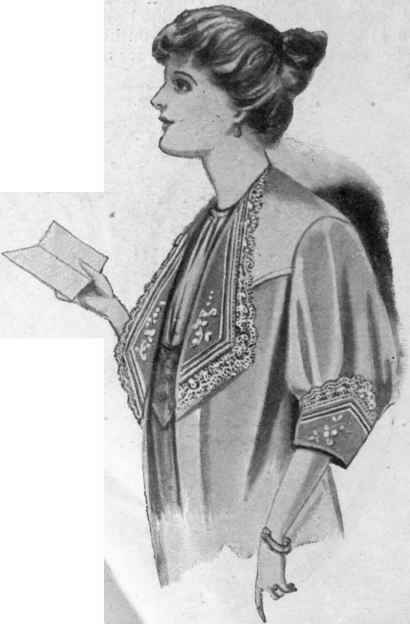 A gown for boudoir wear should be simple and fit easily. Lace edged handkerchiefs may be used for lapels and cuffs