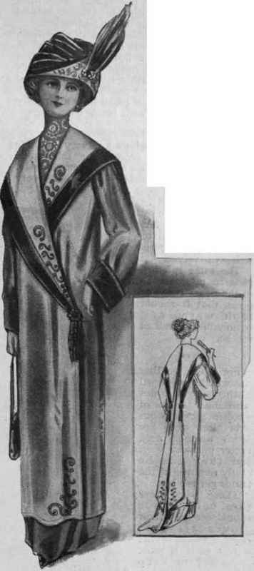 A pretty coat in faced cloth, suitable for theatre wear or for travelling in the daytime apparently make up for the soberness of their other attire by the almost barbaric splendour of their evening cloaks.