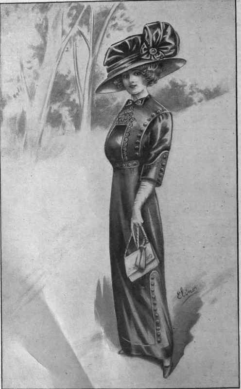An otherwise plain costume will have a smart appearance if trimmed with buttons on skirt and bodice. An alternative arrangement would be to set the buttons in groups of twos and threes sizes, shapes, and materials are poured forth into the mercantile stream in their millions.