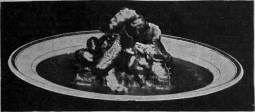 Chicken a la Romaine. A Jowl cut into joints forms the basis of this dish, which, when served, should be garnished with fleurons of pastry