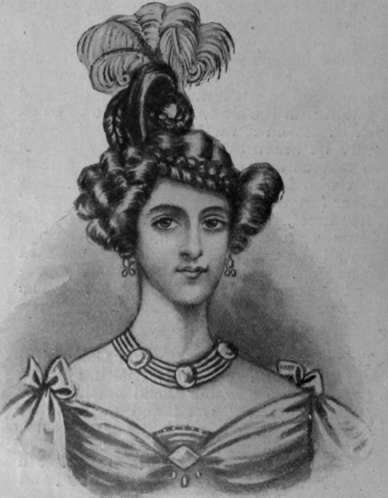 Fig. 2. A fashionable mode of the reign of George IV., in which the plait  stiffened, plays an important part. The feathers add height and dignity to the wearer's appearance