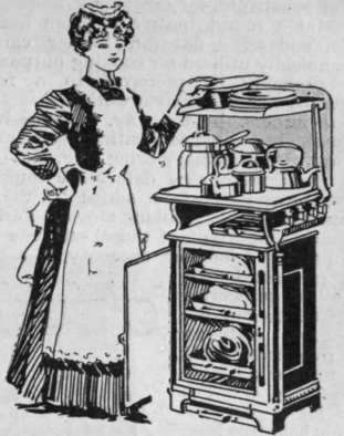 Fig. 6. A movable enamelled plate at the back of a gas stove protects the wall, and can be fitted with a rack for warming plate