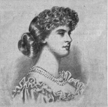 Fig. 7. As the chignon disappeared, the curled fringe increased, until the fashionable head dressing of 1880 resulted in a heavy curled fringe on the brow and a loosely coiled mass of hair at the nape of the neck