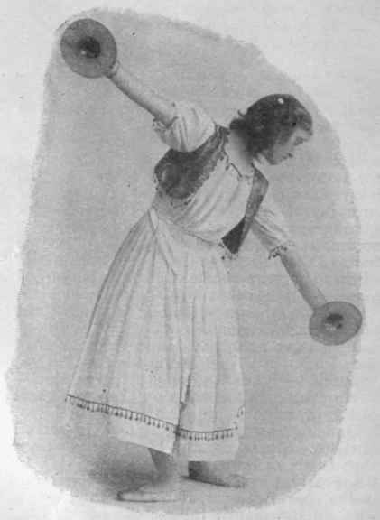 Step 5. Fig. 5. The Egyptian position, in which both the arms are extended to their full length the mysterious rhythm of the music, all combined in placing a strange, weird charm on the scene. 