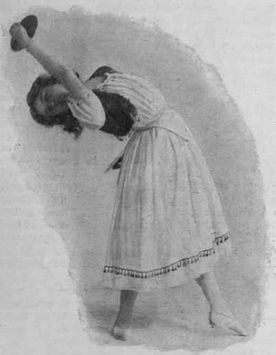 Step I. Fig. 1. The dancer makes a backward bend, holding one cymbal above her head.